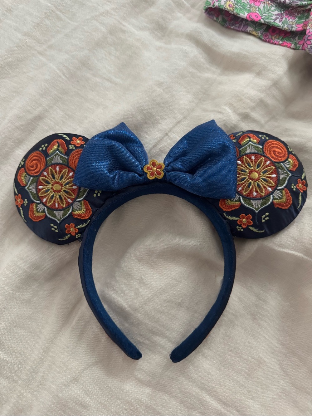 Disney Blue Embroidered Floral Ear Headband with Sparkle Bow